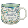 Morning Mercies Blue and Green Floral Ceramic Coffee Mug - Lamentations 2:22-23
