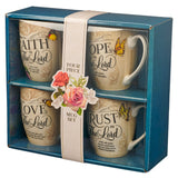 Christian Art Gifts: Faith Trust Hope and Love Floral Mug Set