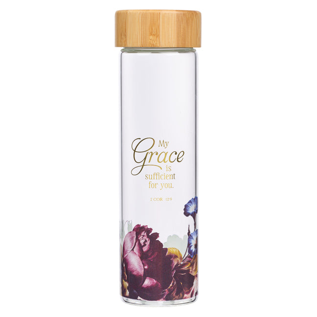 Water Bottle Glass with Sleeve My Grace Is Sufficient 2 Cor 12:9