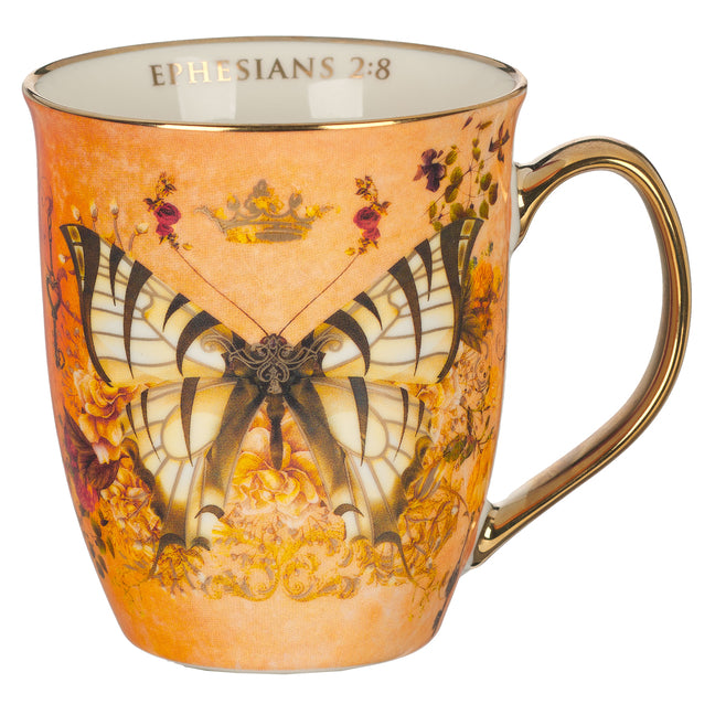 Christian Art Gifts Large Ceramic Novelty Scripture Coffee & Tea Mug for Women: Grace - Ephesians 2:8 Inspirational Bible Verse, Floral Butterfly, Ora